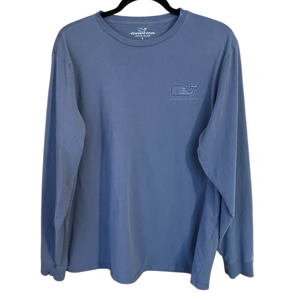 Vineyard Vines Mens Large Blue LS Tonal T-Shirt American Flag Whale Logo Cotton